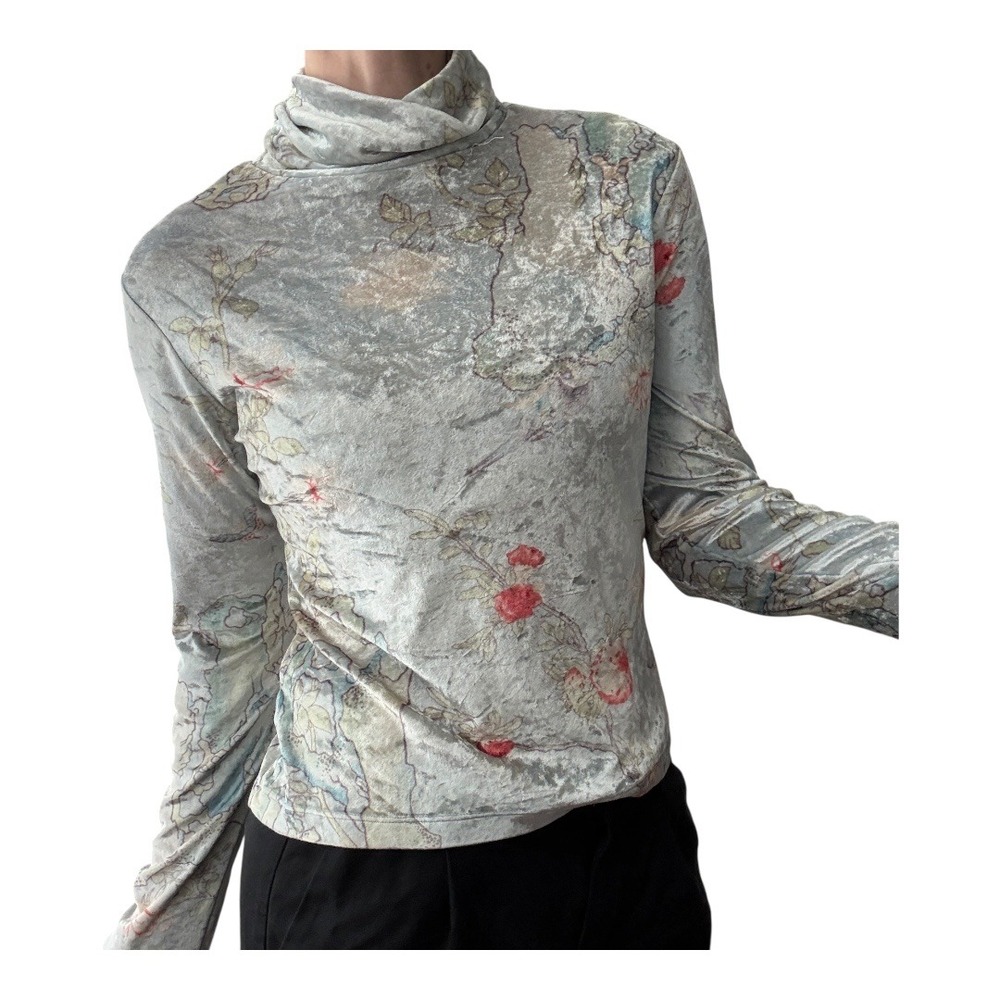Vintage Floral Velvet Turtleneck Top Cottagecore‎ Fairycore Long Sleeve